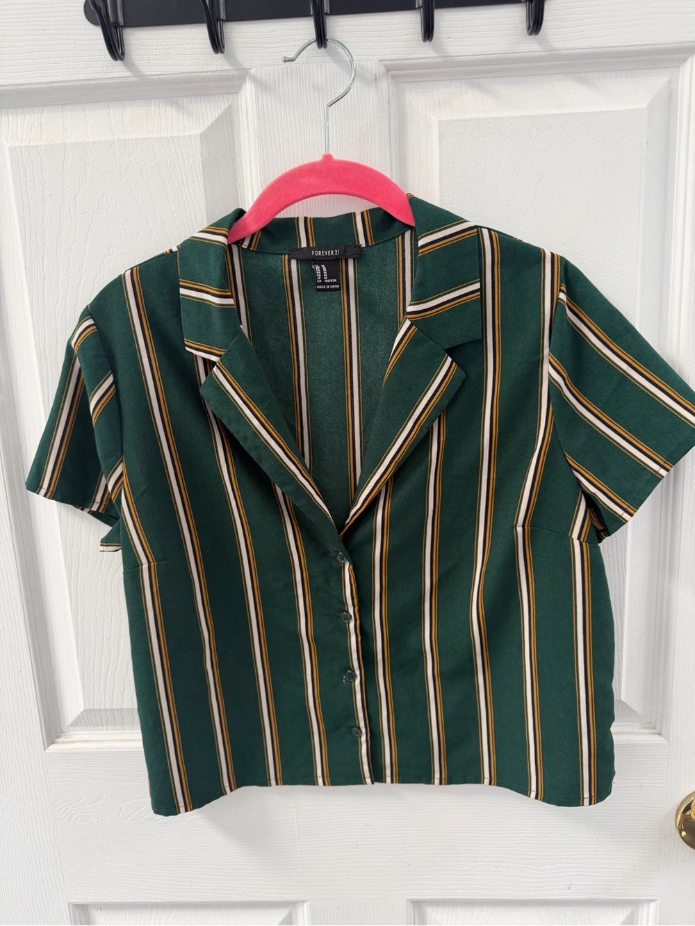 Forest Green Vertical Stripe Button Cropped Blouse